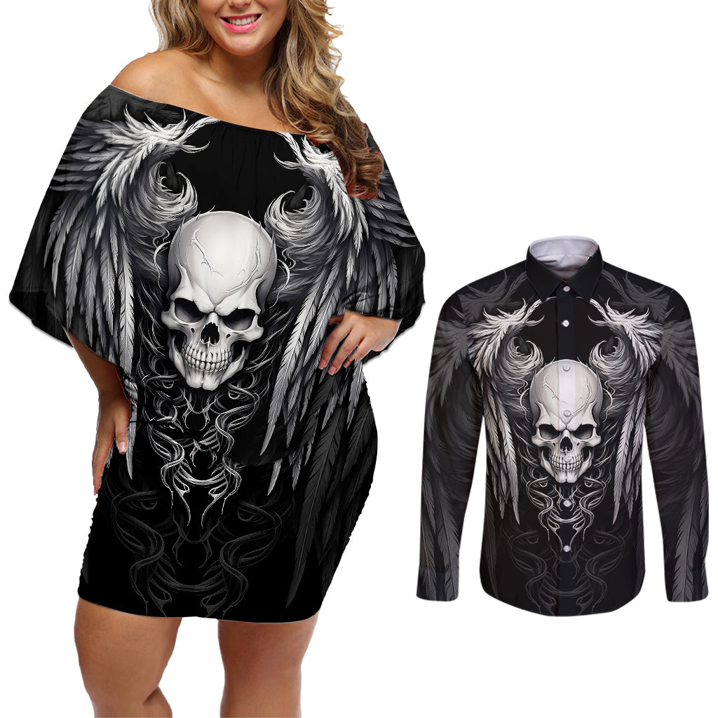 skull-and-wings-couples-matching-off-shoulder-short-dress-and-long-sleeve-button-shirts-even-the-devil-was-once-an-angel