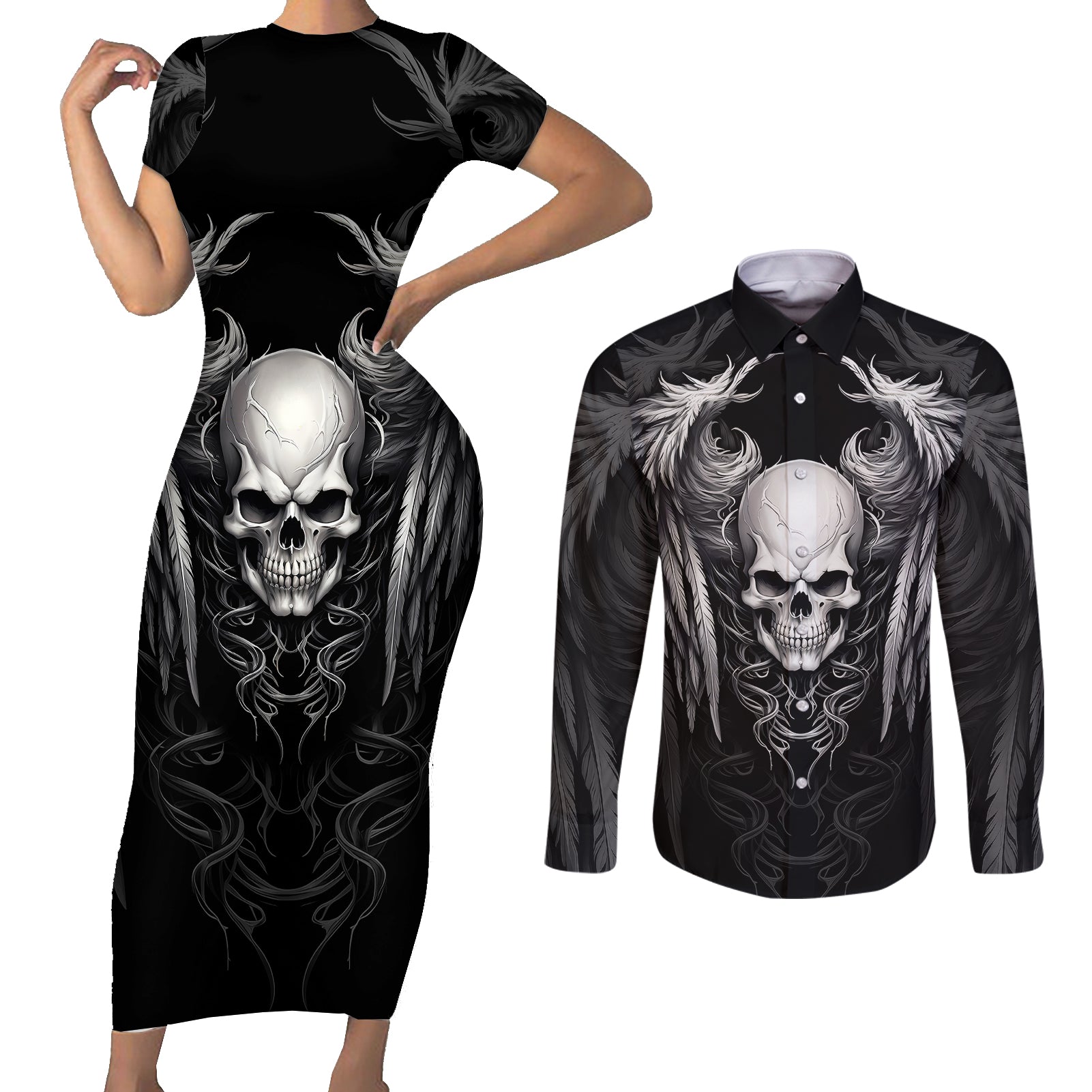 skull-and-wings-couples-matching-short-sleeve-bodycon-dress-and-long-sleeve-button-shirts-even-the-devil-was-once-an-angel