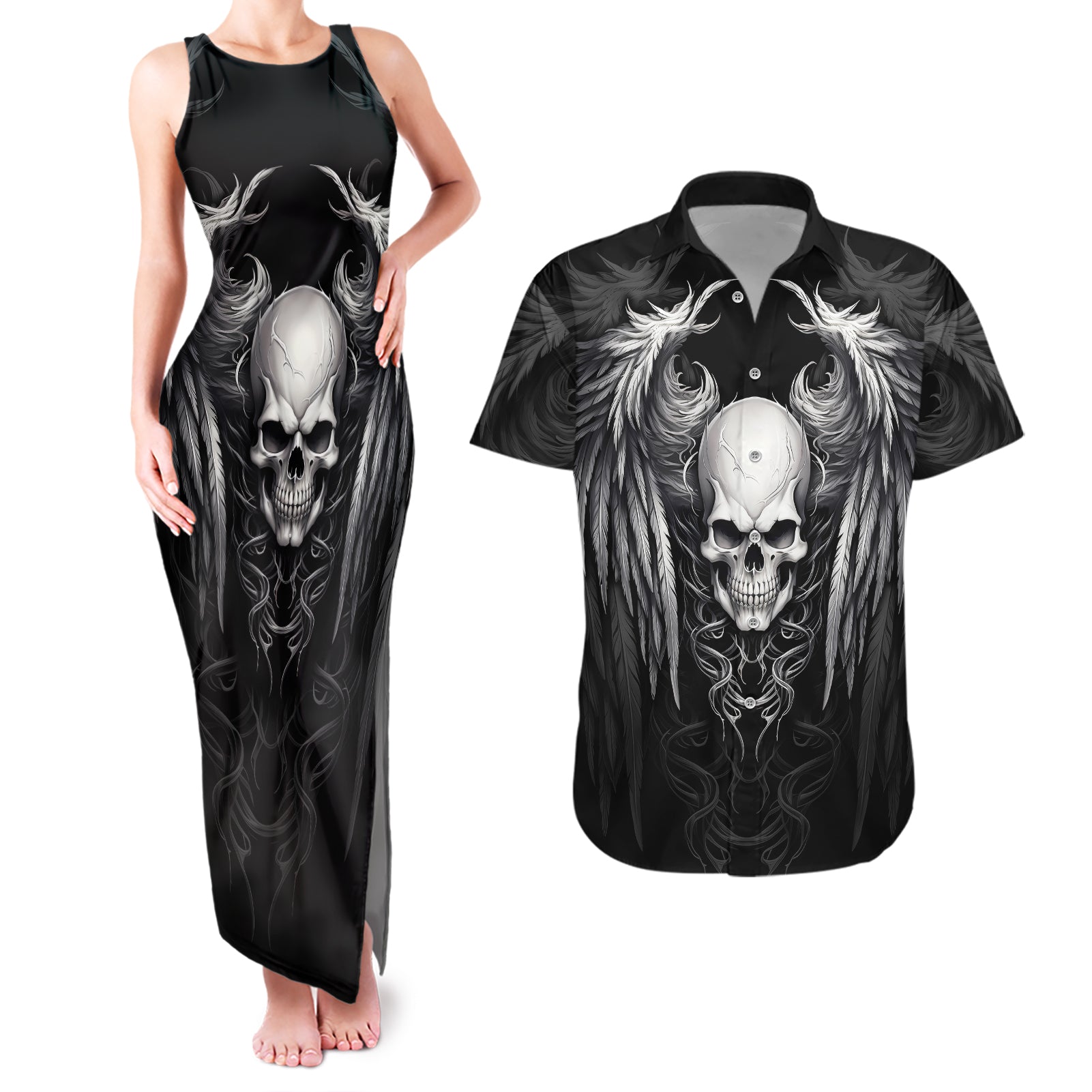 skull-and-wings-couples-matching-tank-maxi-dress-and-hawaiian-shirt-even-the-devil-was-once-an-angel