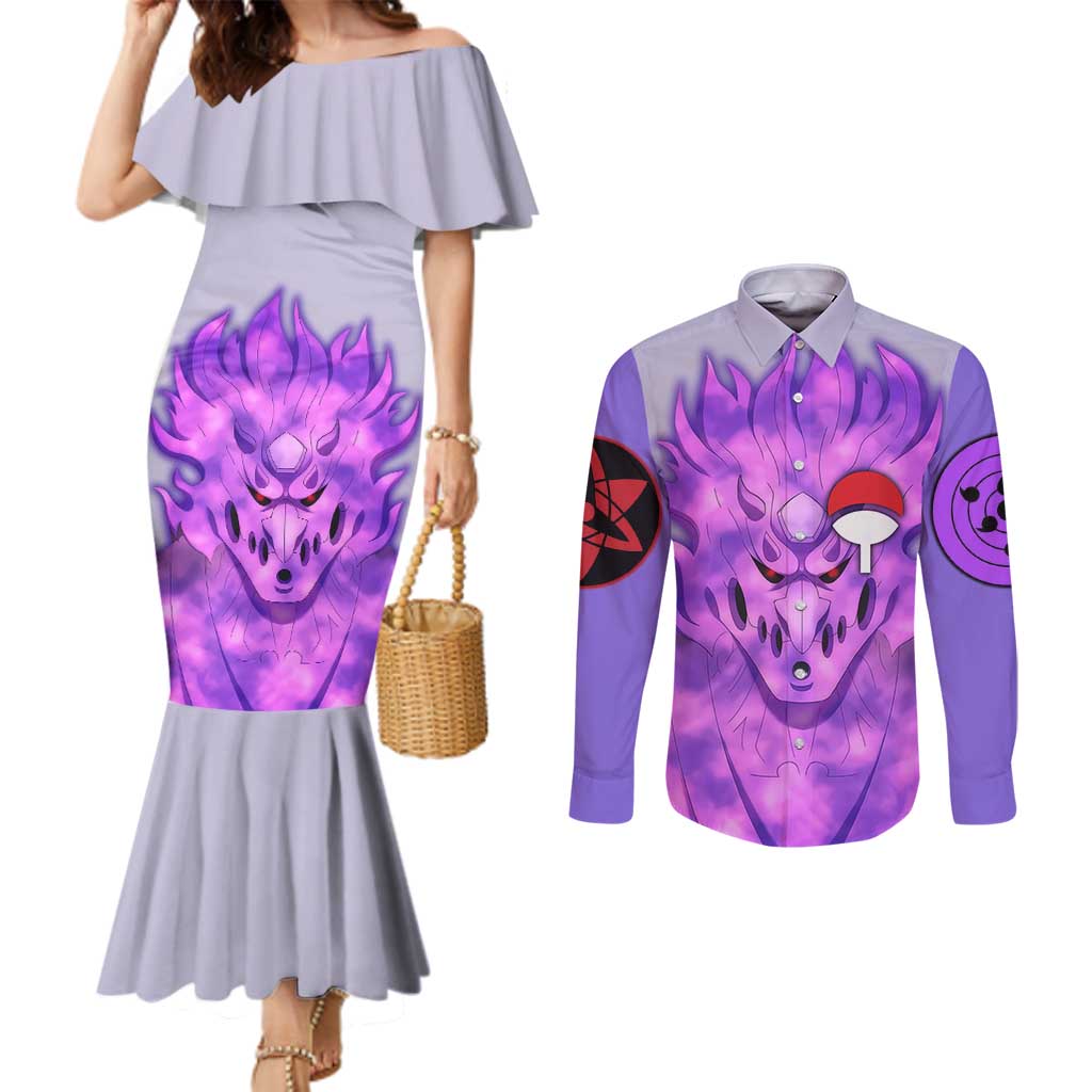 Uchiha Sasuke Naruto Shippuden Couples Matching Mermaid Dress and Long Sleeve Button Shirt Anime Style