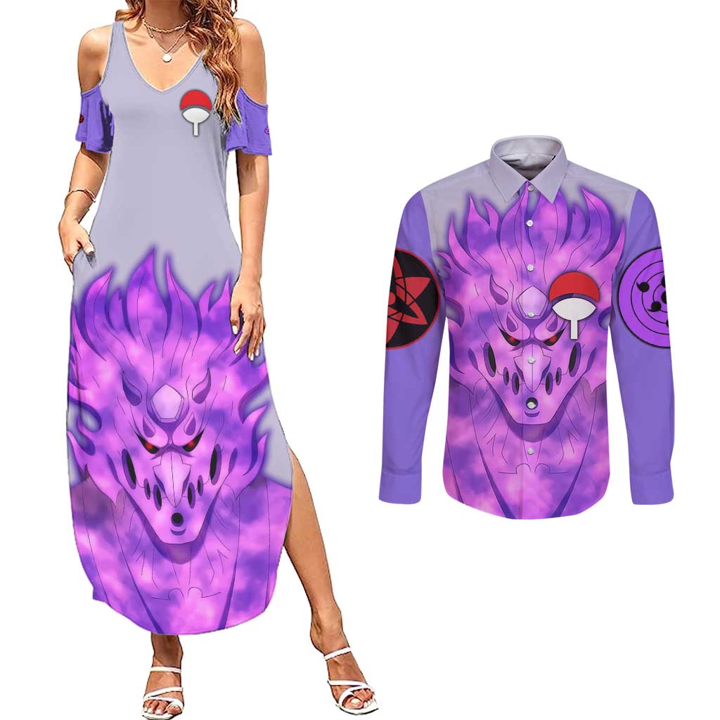 Uchiha Sasuke Naruto Shippuden Couples Matching Summer Maxi Dress and Long Sleeve Button Shirt Anime Style