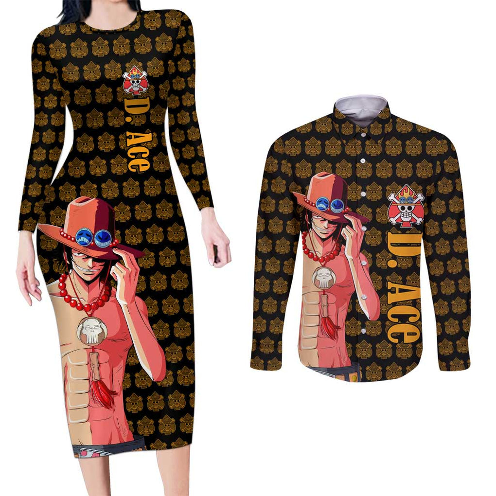 Portgas D. Ace - Fire Fist - One Piece Couples Matching Long Sleeve Bodycon Dress and Long Sleeve Button Shirt Anime Style