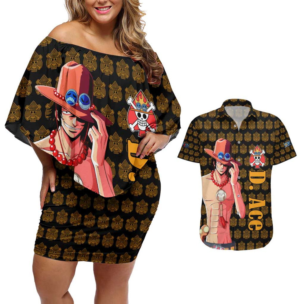 Portgas D. Ace - Fire Fist - One Piece Couples Matching Off Shoulder Short Dress and Hawaiian Shirt Anime Style