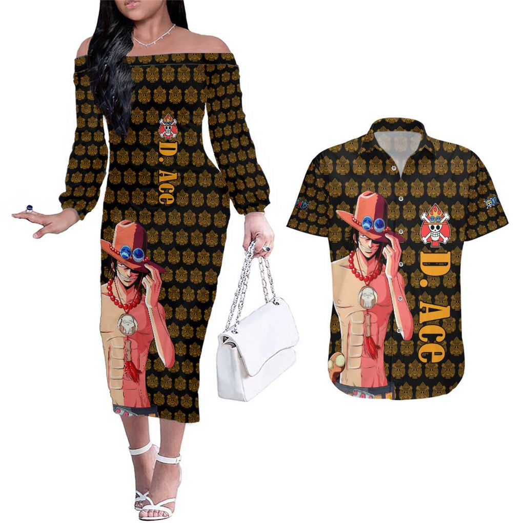 Portgas D. Ace - Fire Fist - One Piece Couples Matching Off The Shoulder Long Sleeve Dress and Hawaiian Shirt Anime Style