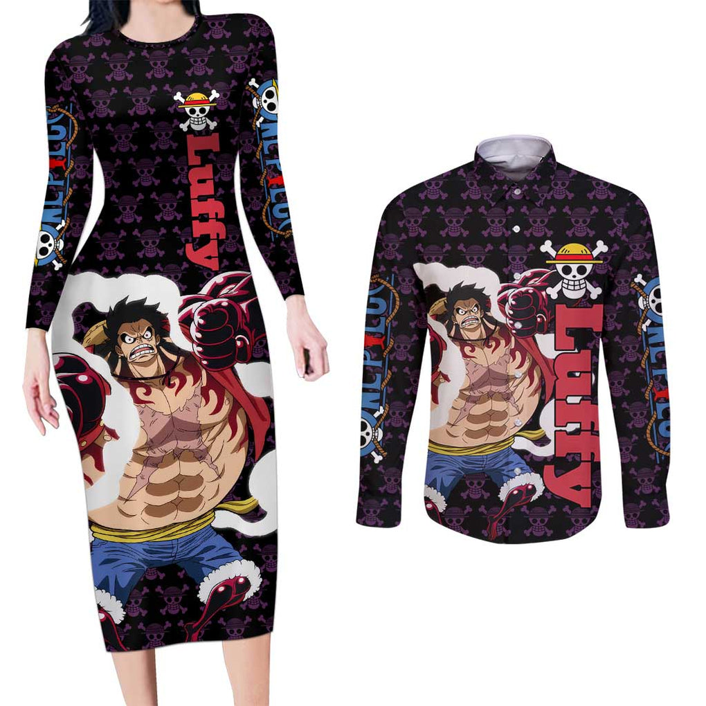 Luffy Gear 4 - One Piece Couples Matching Long Sleeve Bodycon Dress and Long Sleeve Button Shirt Anime Pattern Mix Style