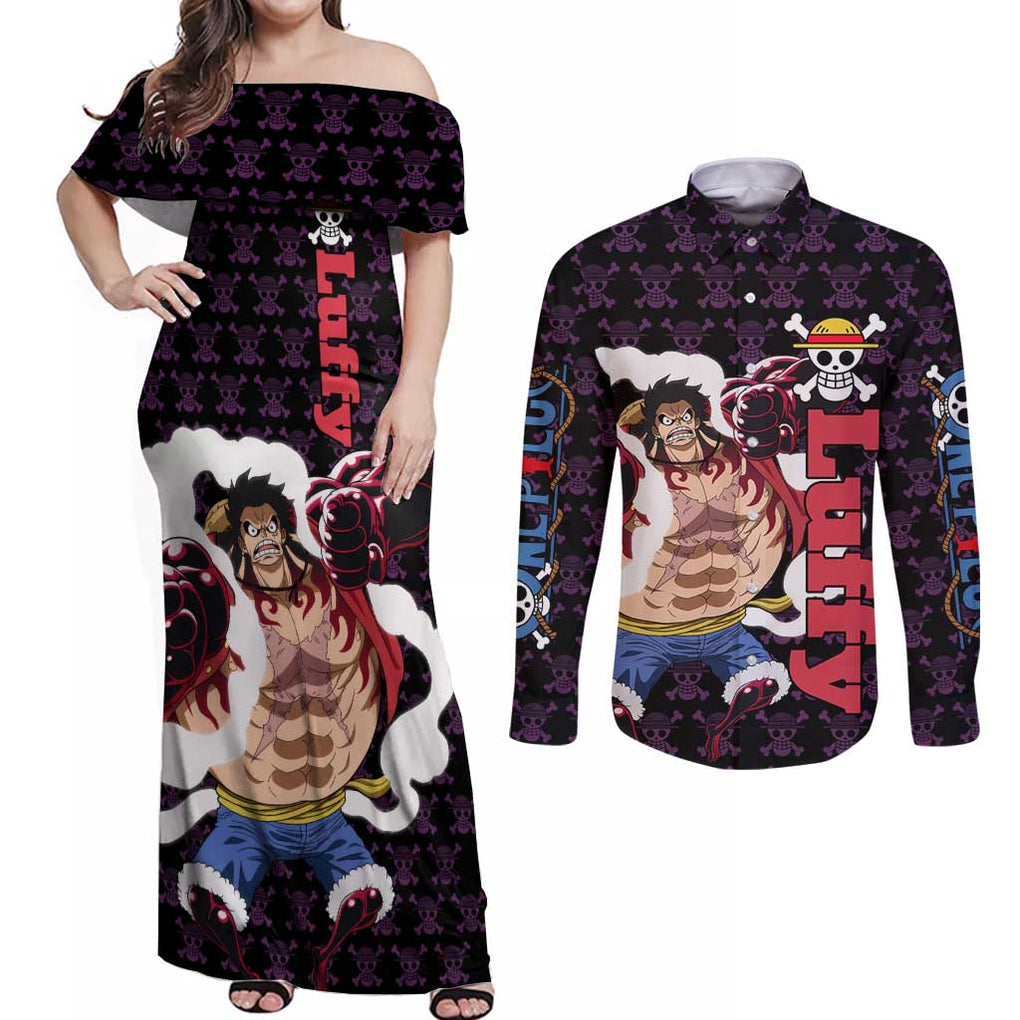 Luffy Gear 4 - One Piece Couples Matching Off Shoulder Maxi Dress and Long Sleeve Button Shirt Anime Pattern Mix Style