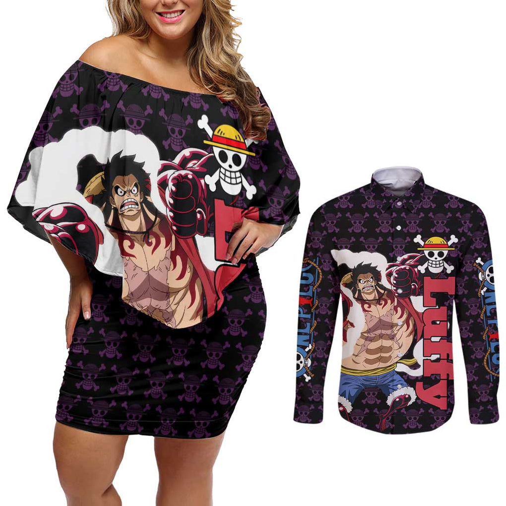 Luffy Gear 4 - One Piece Couples Matching Off Shoulder Short Dress and Long Sleeve Button Shirt Anime Pattern Mix Style