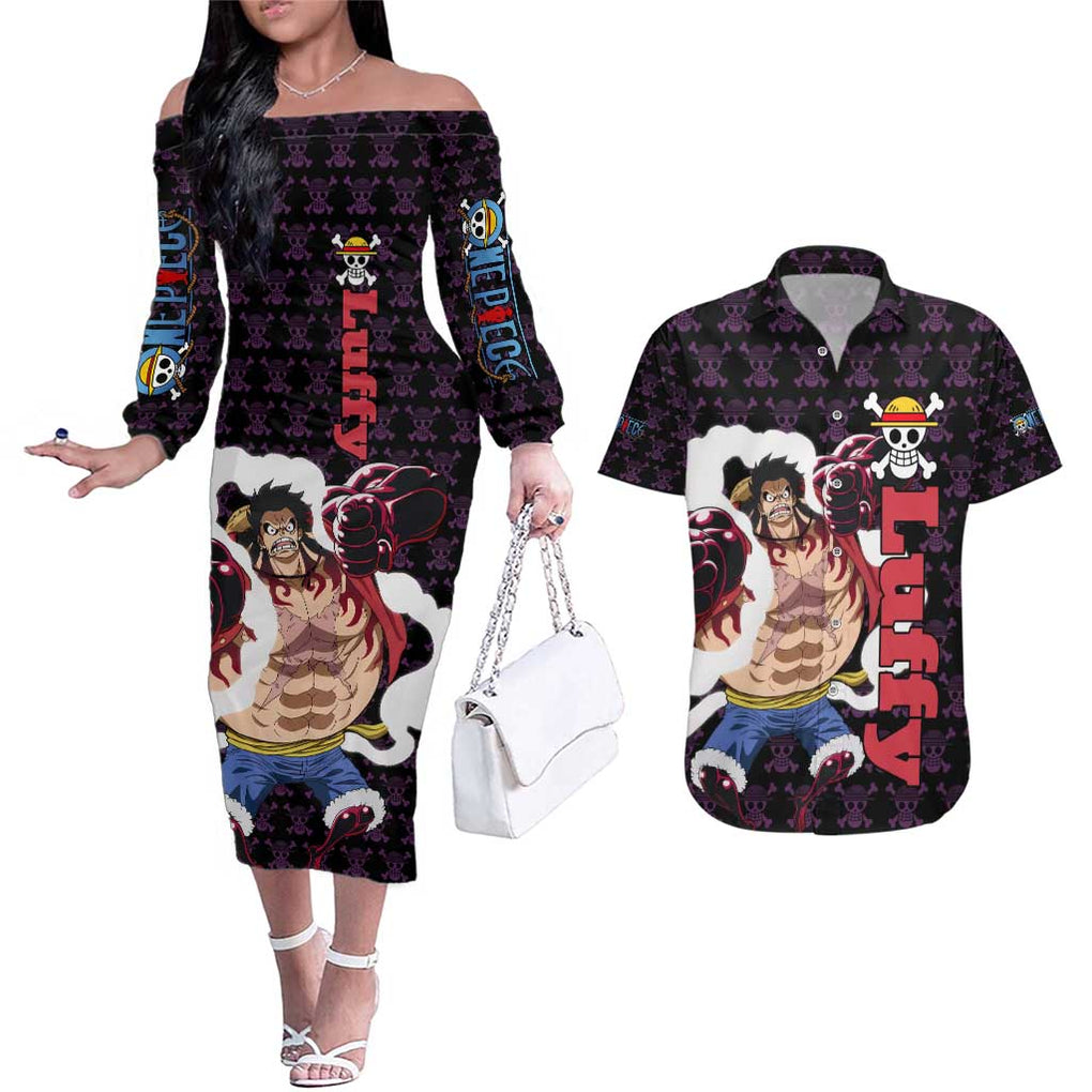 Luffy Gear 4 - One Piece Couples Matching Off The Shoulder Long Sleeve Dress and Hawaiian Shirt Anime Pattern Mix Style