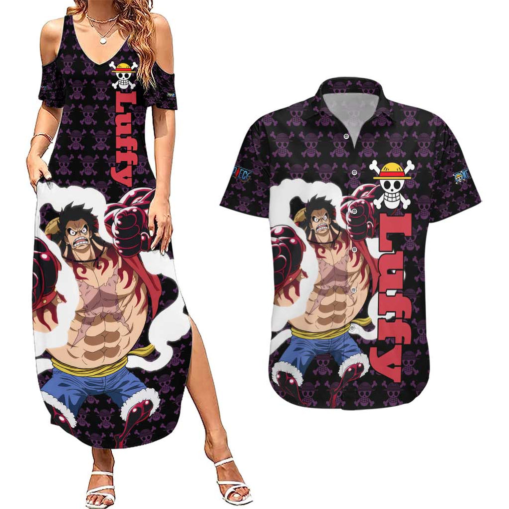 Luffy Gear 4 - One Piece Couples Matching Summer Maxi Dress and Hawaiian Shirt Anime Pattern Mix Style