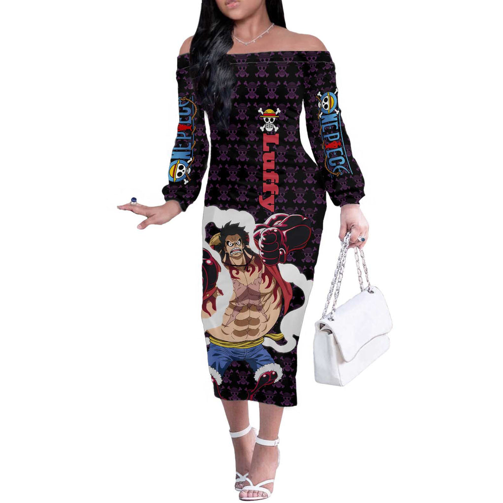 Luffy Gear 4 - One Piece Off The Shoulder Long Sleeve Dress Anime Pattern Mix Style