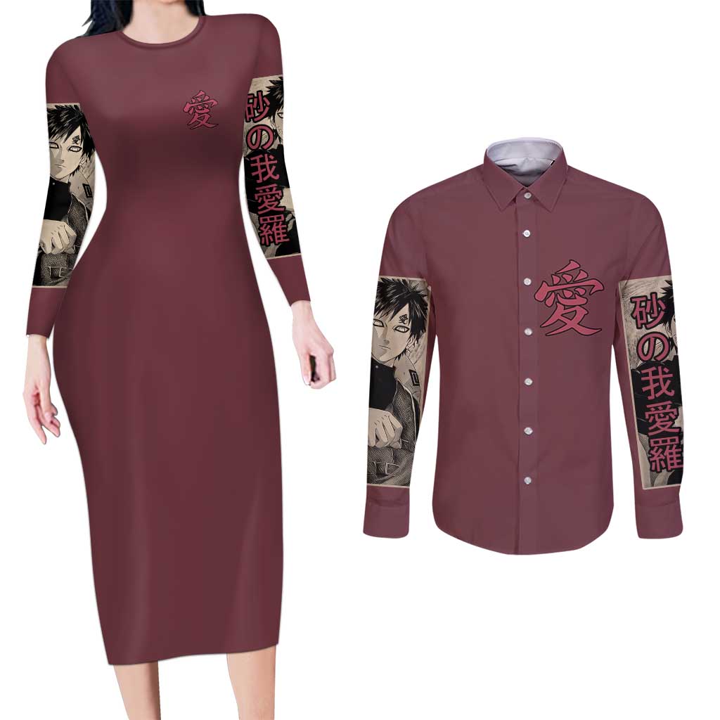 Gaara Naruto Shippuden Couples Matching Long Sleeve Bodycon Dress and Long Sleeve Button Shirt Anime Style