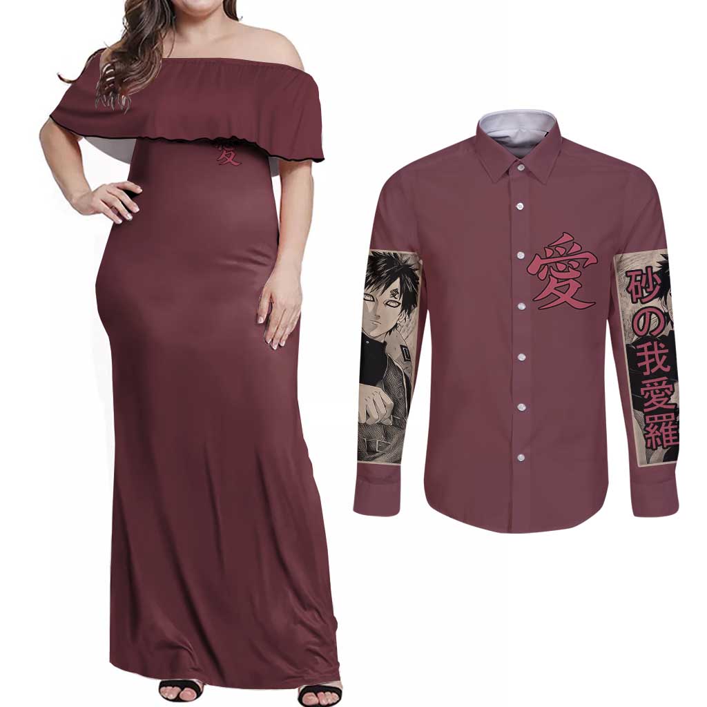 Gaara Naruto Shippuden Couples Matching Off Shoulder Maxi Dress and Long Sleeve Button Shirt Anime Style