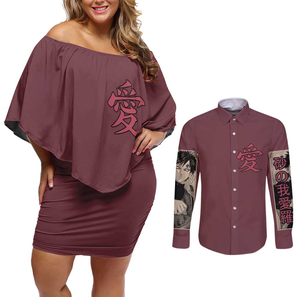 Gaara Naruto Shippuden Couples Matching Off Shoulder Short Dress and Long Sleeve Button Shirt Anime Style