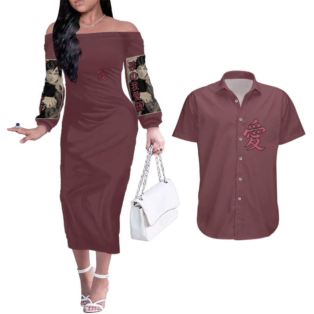 Gaara Naruto Shippuden Couples Matching Off The Shoulder Long Sleeve Dress and Hawaiian Shirt Anime Style