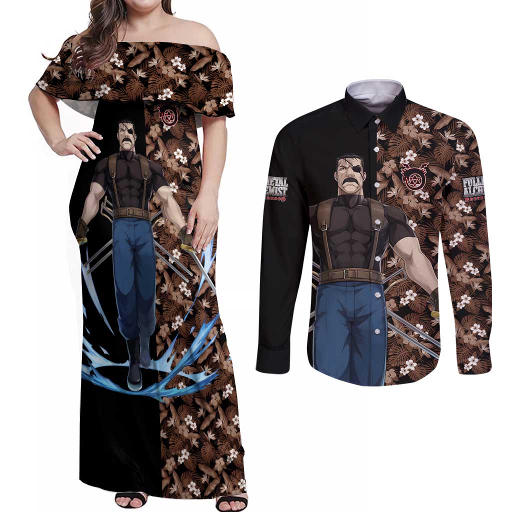 King Bradley - Fullmetal Alchemist Couples Matching Off Shoulder Maxi Dress and Long Sleeve Button Shirt Anime Style