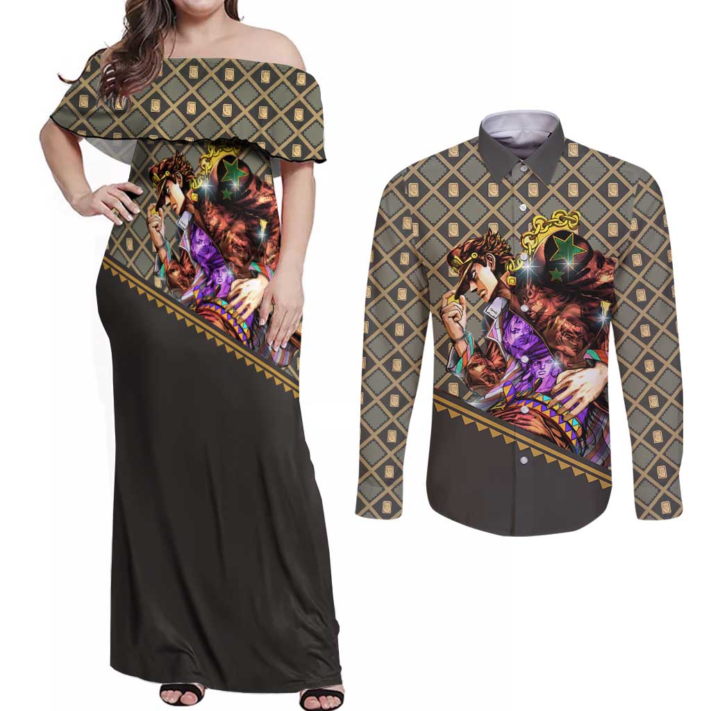 Jotaro Kujo - JoJo no Kimyo na Boken Couples Matching Off Shoulder Maxi Dress and Long Sleeve Button Shirt Anime Style