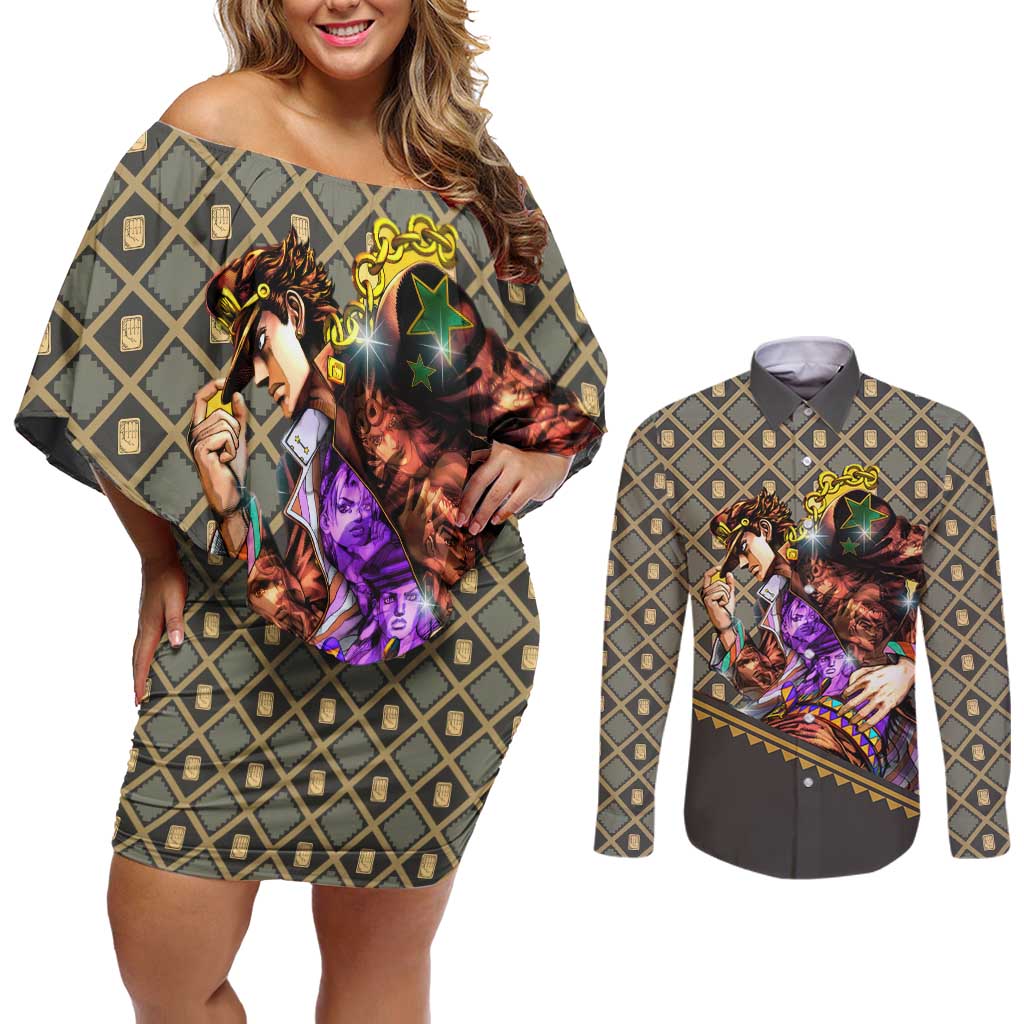 Jotaro Kujo - JoJo no Kimyo na Boken Couples Matching Off Shoulder Short Dress and Long Sleeve Button Shirt Anime Style