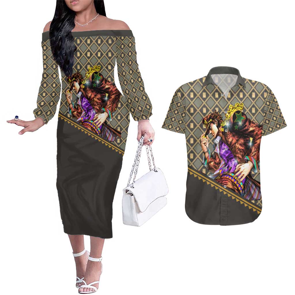 Jotaro Kujo - JoJo no Kimyo na Boken Couples Matching Off The Shoulder Long Sleeve Dress and Hawaiian Shirt Anime Style