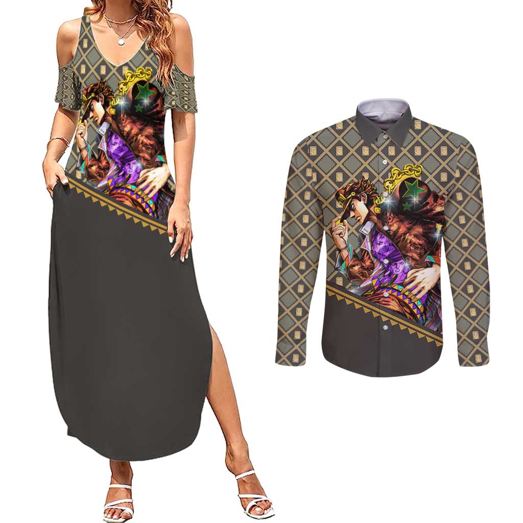 Jotaro Kujo - JoJo no Kimyo na Boken Couples Matching Summer Maxi Dress and Long Sleeve Button Shirt Anime Style