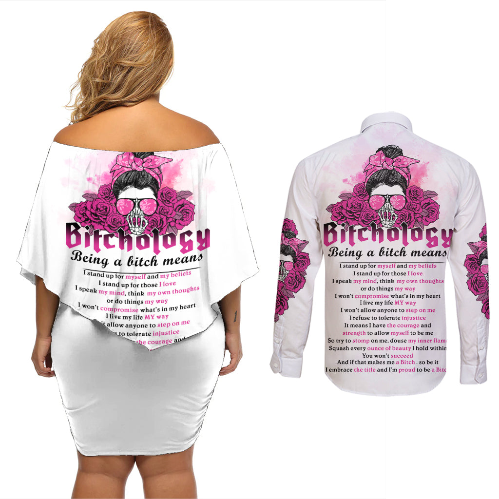 bitchology-being-a-bitch-means-couples-matching-off-shoulder-short-dress-and-long-sleeve-button-shirt