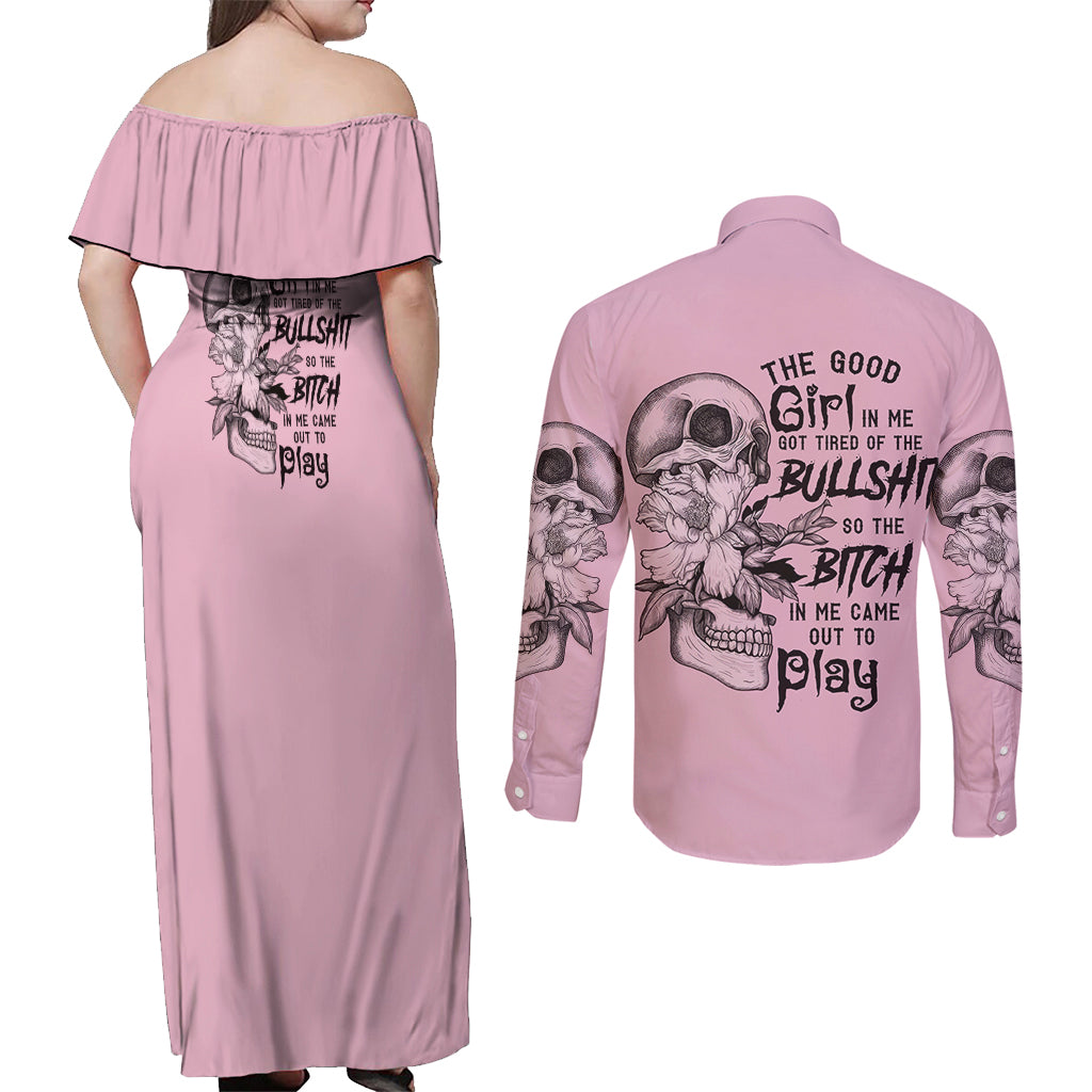 the-good-girl-in-me-got-tired-skull-couples-matching-off-shoulder-maxi-dress-and-long-sleeve-button-shirt