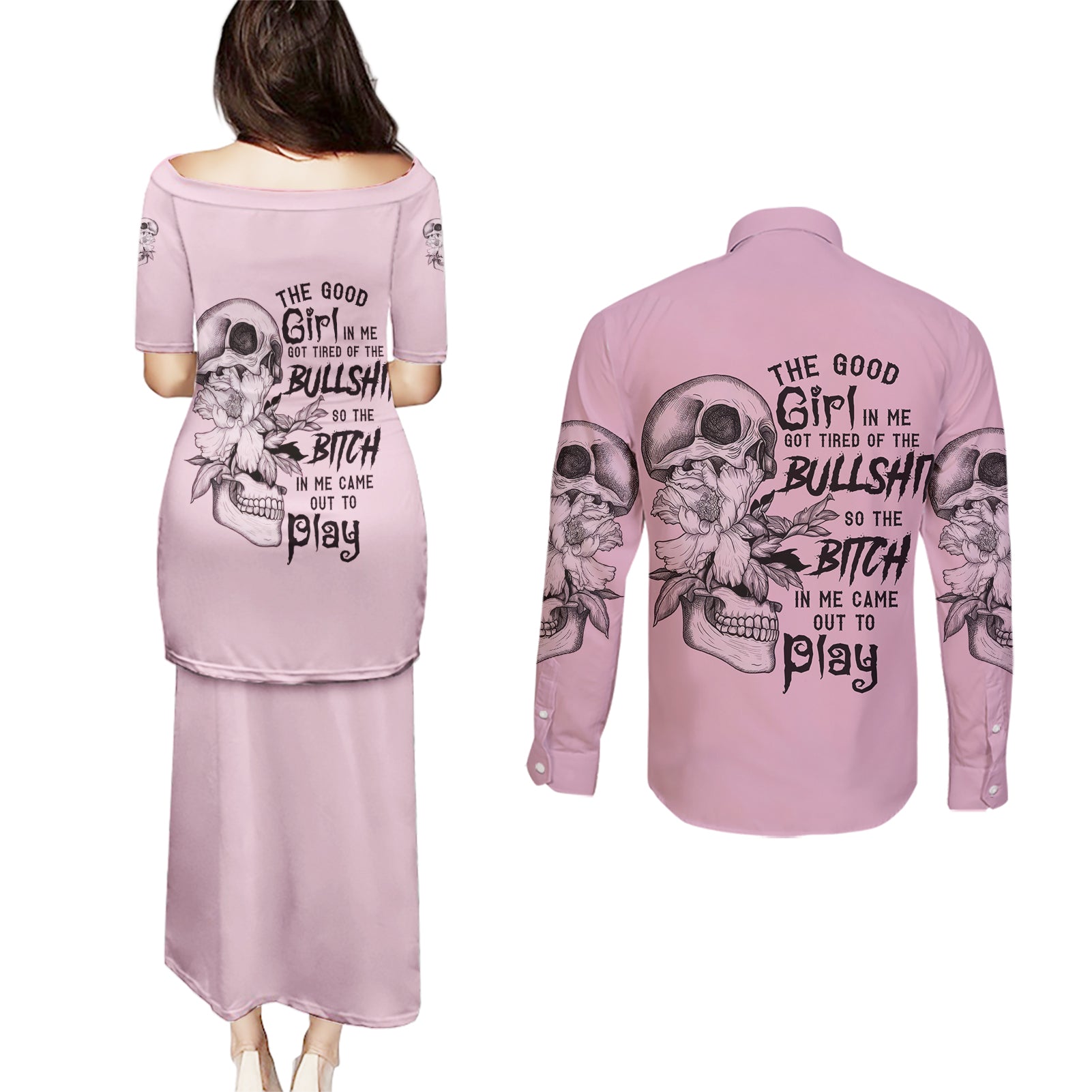 the-good-girl-in-me-got-tired-skull-couples-matching-puletasi-dress-and-long-sleeve-button-shirt