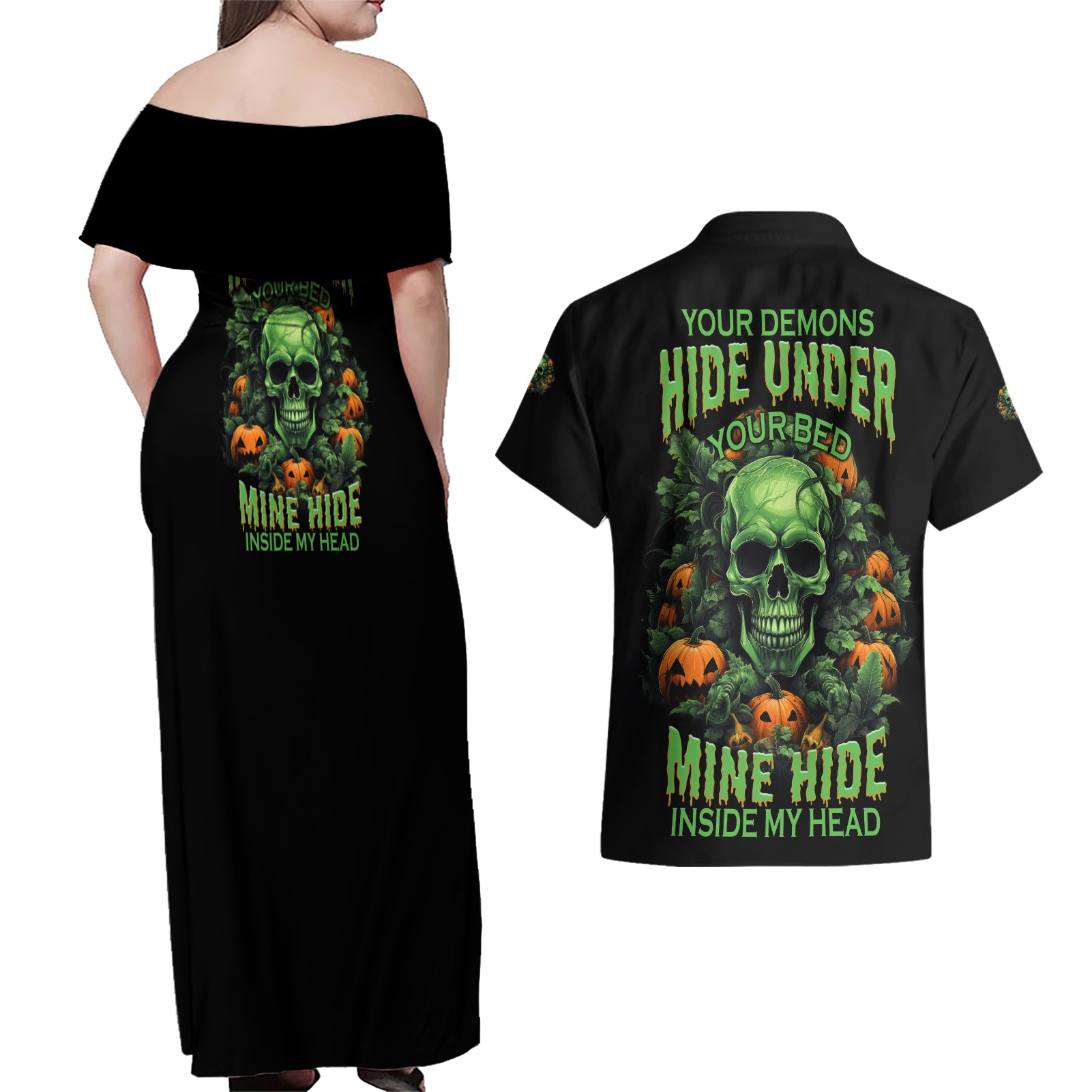 your-demons-hide-under-your-bed-skull-halloween-couples-matching-off-shoulder-maxi-dress-and-hawaiian-shirt