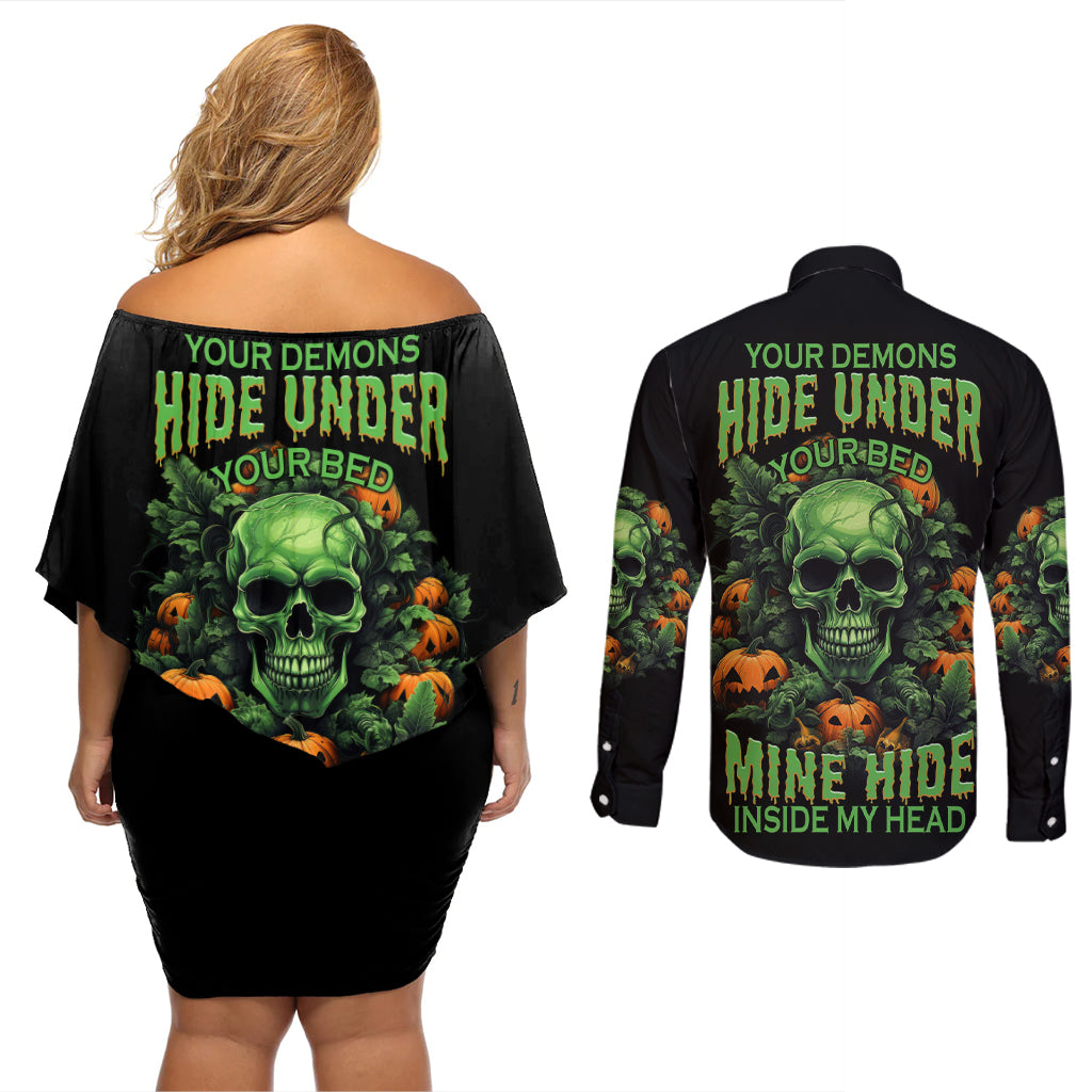 your-demons-hide-under-your-bed-skull-halloween-couples-matching-off-shoulder-short-dress-and-long-sleeve-button-shirt