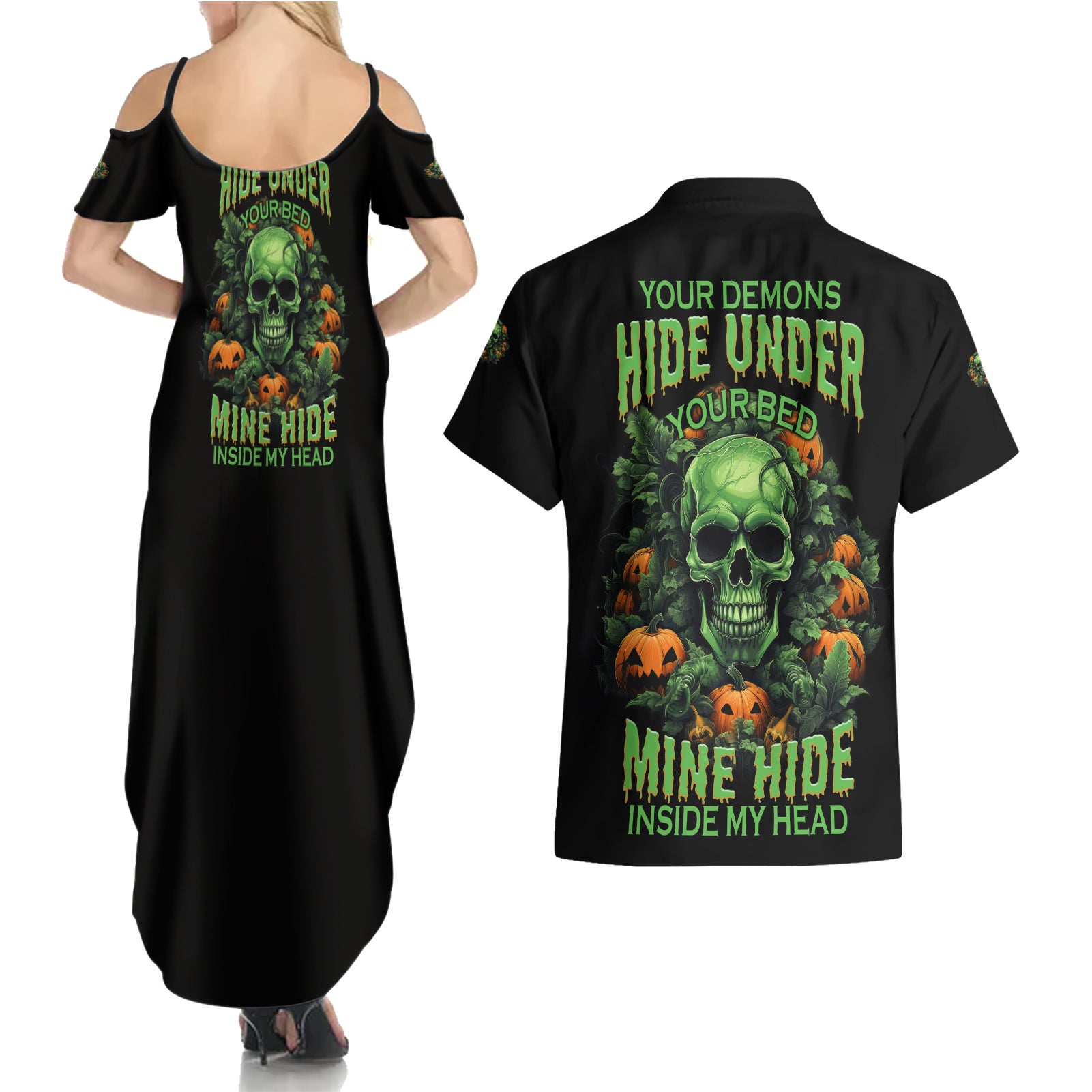 your-demons-hide-under-your-bed-skull-halloween-couples-matching-summer-maxi-dress-and-hawaiian-shirt