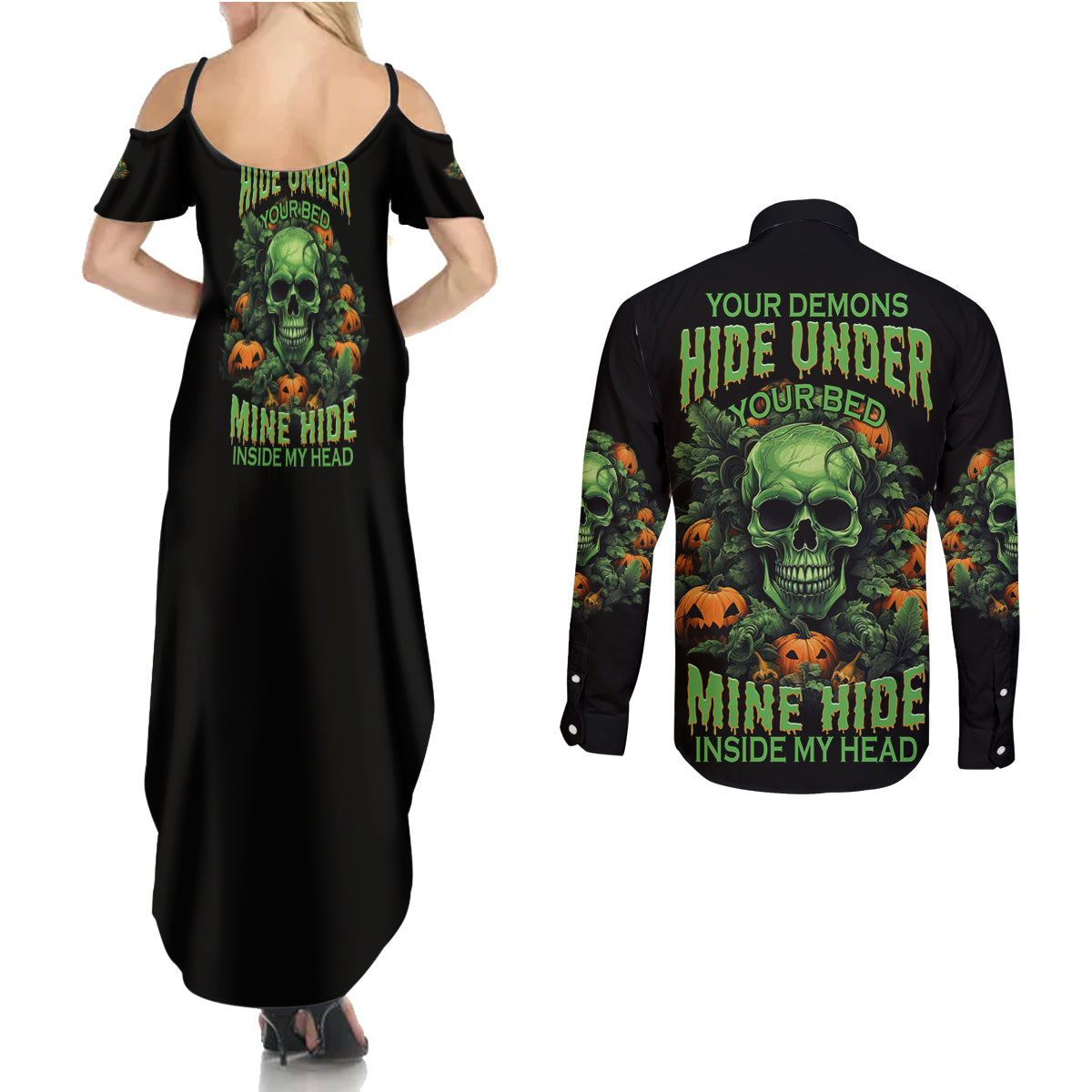 your-demons-hide-under-your-bed-skull-halloween-couples-matching-summer-maxi-dress-and-long-sleeve-button-shirt