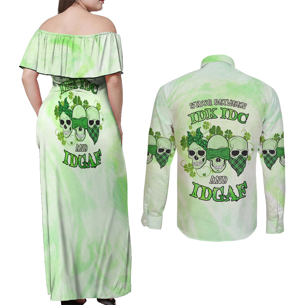 stuck-between-idk-idc-and-idgaf-rose-skull-patricks-day-couples-matching-off-shoulder-maxi-dress-and-long-sleeve-button-shirt