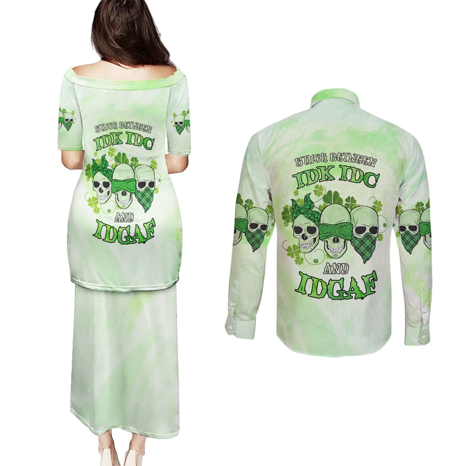 stuck-between-idk-idc-and-idgaf-rose-skull-patricks-day-couples-matching-puletasi-dress-and-long-sleeve-button-shirt