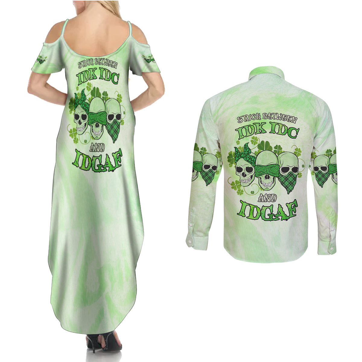 stuck-between-idk-idc-and-idgaf-rose-skull-patricks-day-couples-matching-summer-maxi-dress-and-long-sleeve-button-shirt