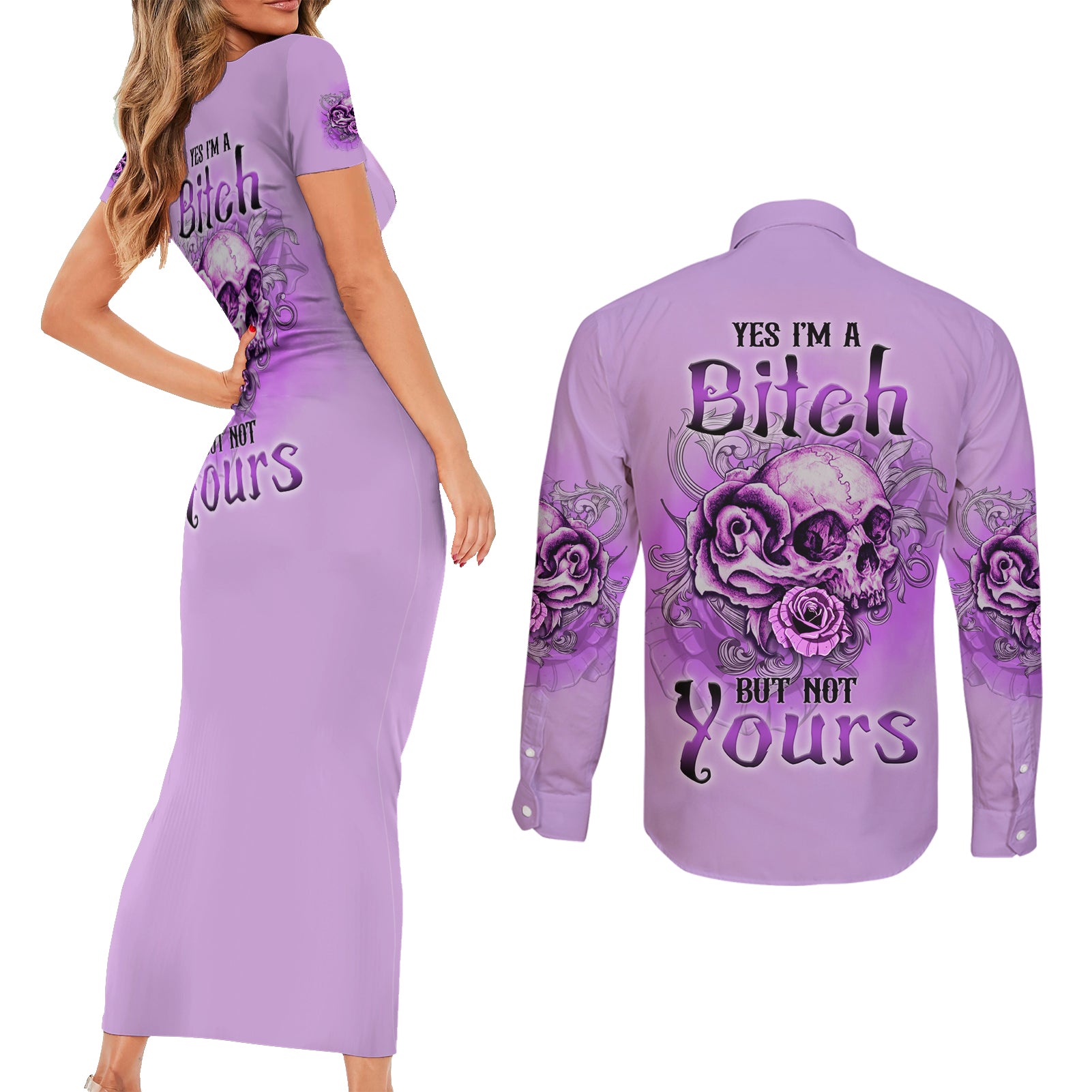 yes-im-a-b-but-not-yours-purple-couples-matching-short-sleeve-bodycon-dress-and-long-sleeve-button-shirt