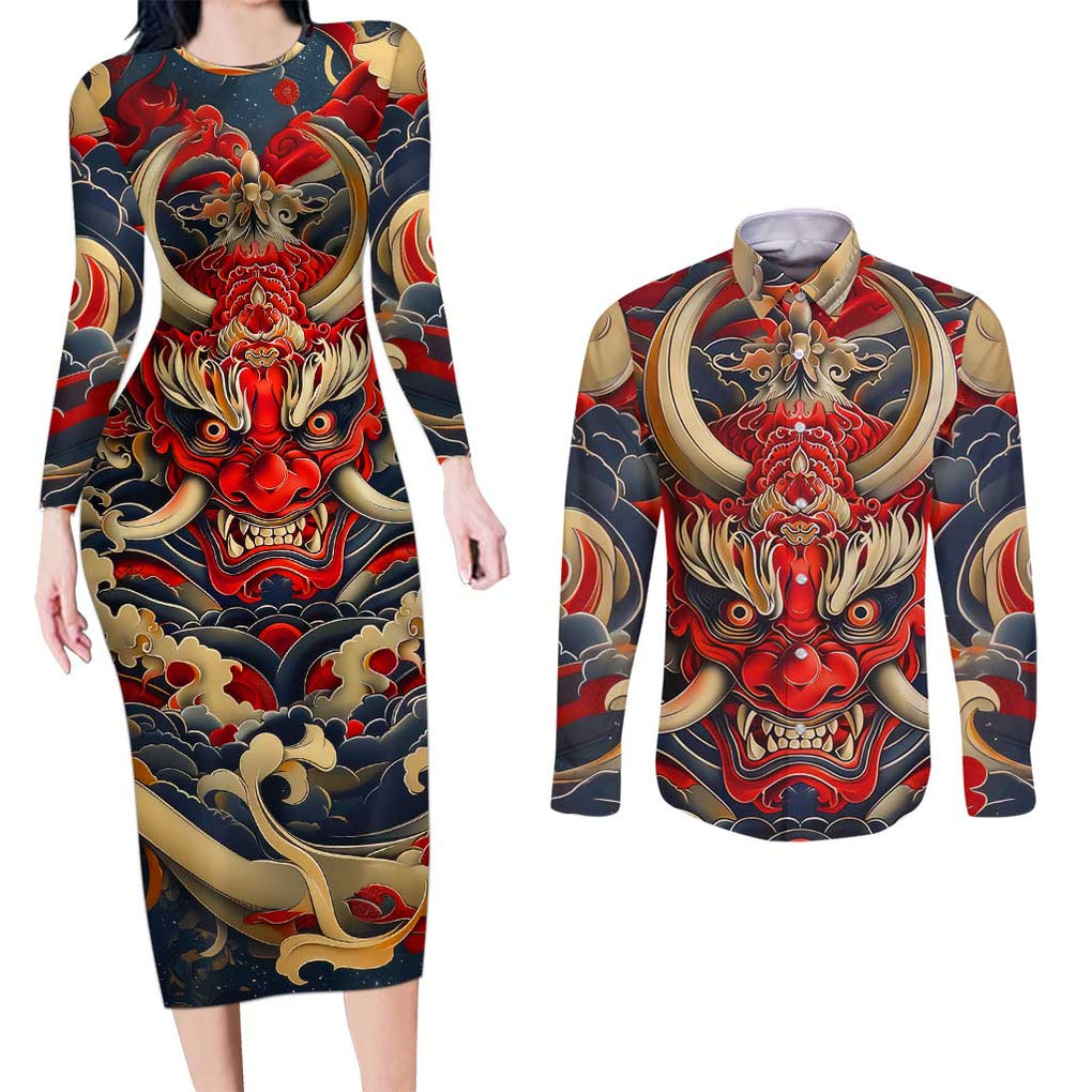 Oni Couples Matching Long Sleeve Bodycon Dress and Long Sleeve Button Shirt Japan Art Style