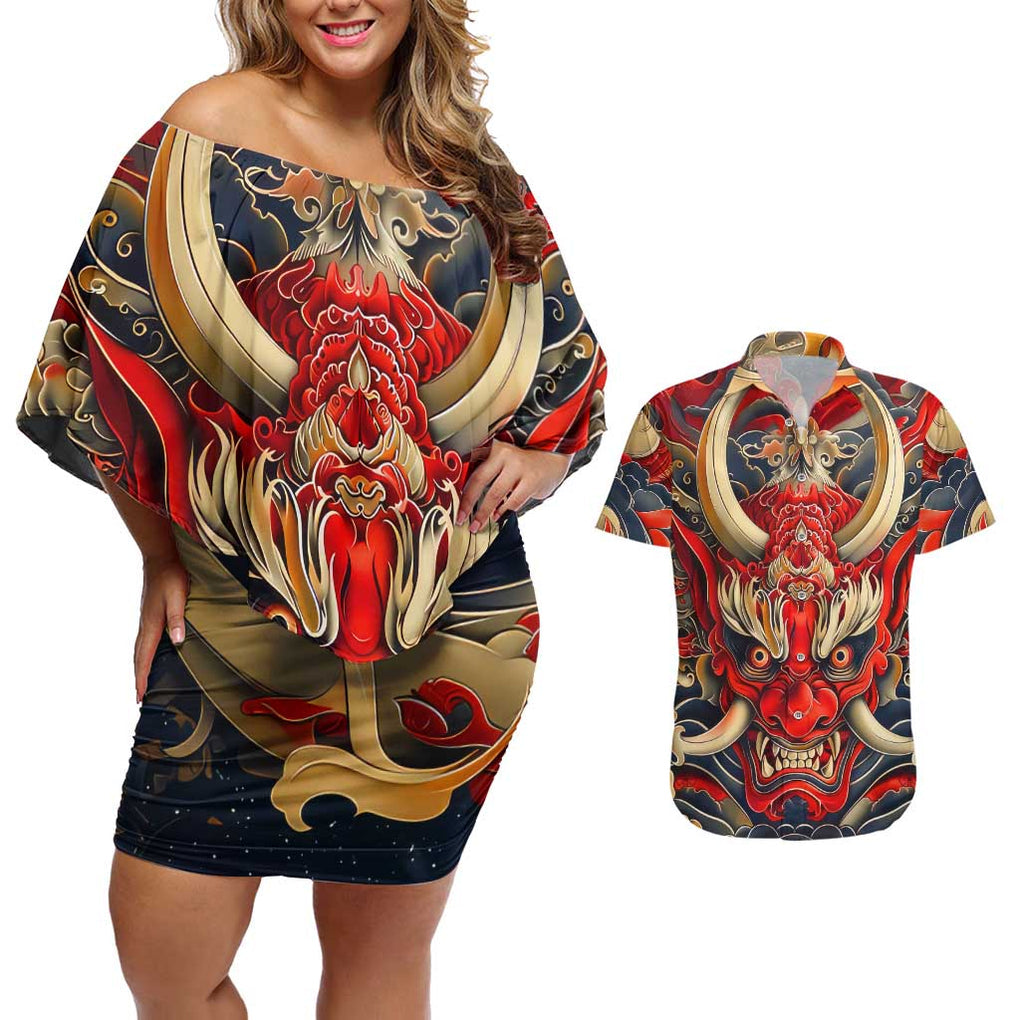 Oni Couples Matching Off Shoulder Short Dress and Hawaiian Shirt Japan Art Style