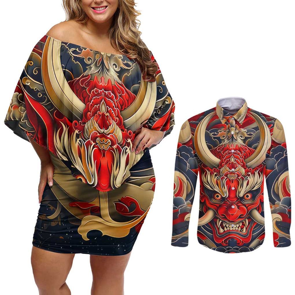 Oni Couples Matching Off Shoulder Short Dress and Long Sleeve Button Shirt Japan Art Style