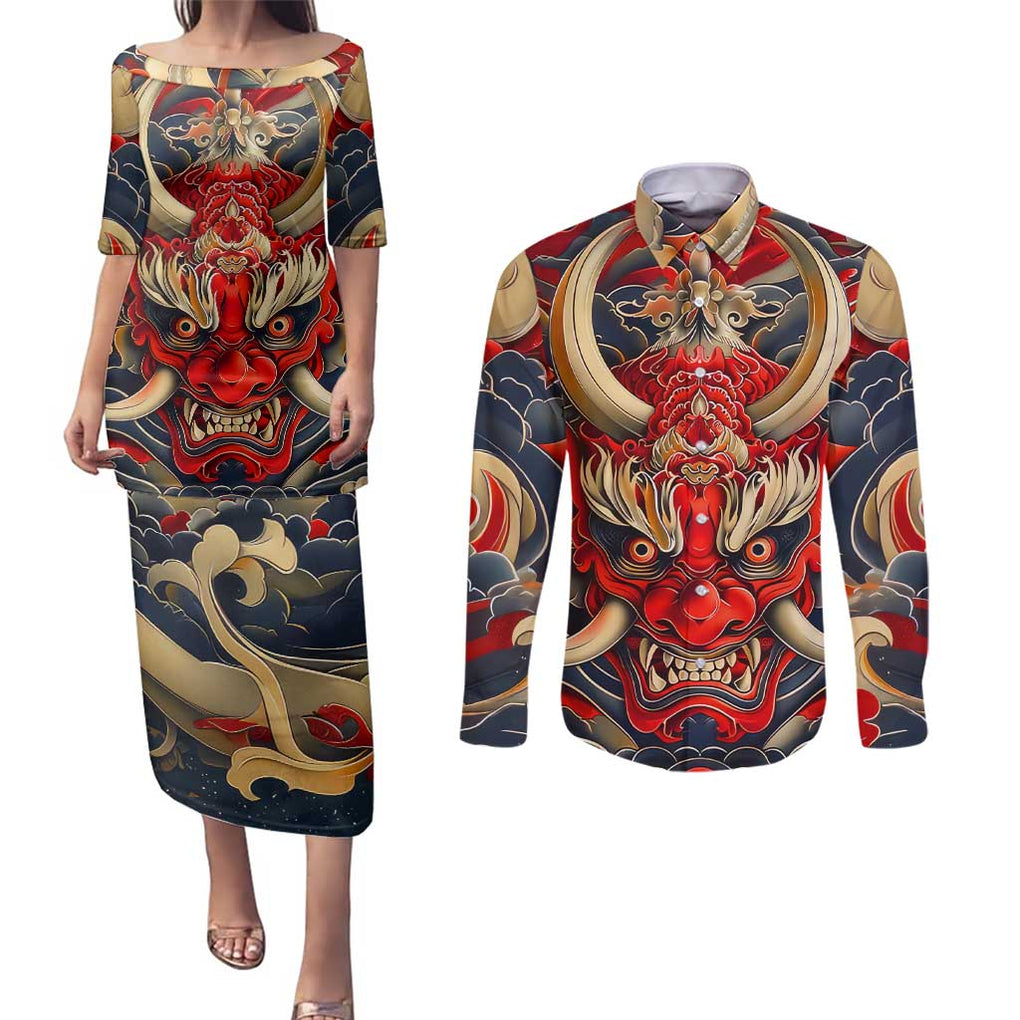 Oni Couples Matching Puletasi and Long Sleeve Button Shirt Japan Art Style