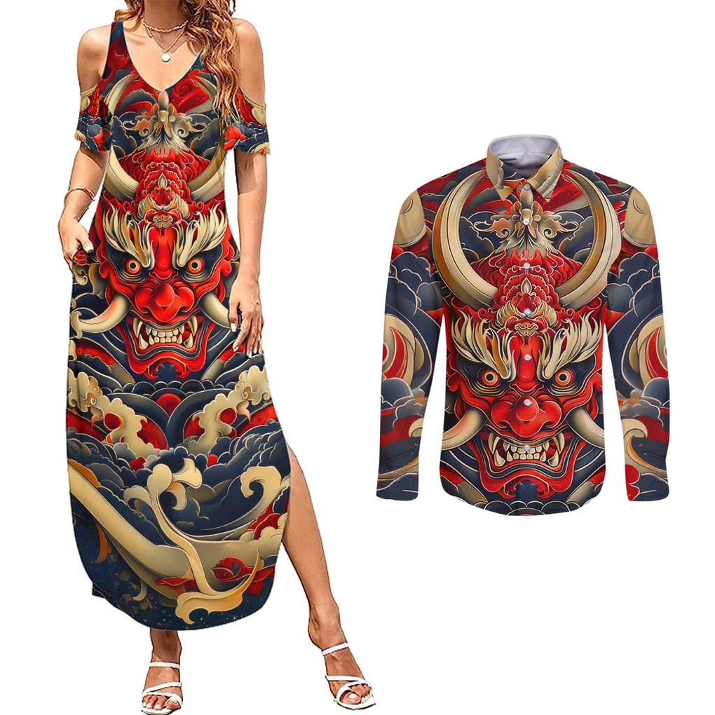 Oni Couples Matching Summer Maxi Dress and Long Sleeve Button Shirt Japan Art Style