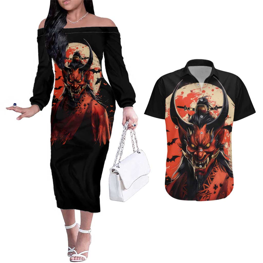 Oni Demon Couples Matching Off The Shoulder Long Sleeve Dress and Hawaiian Shirt Japan Art Style