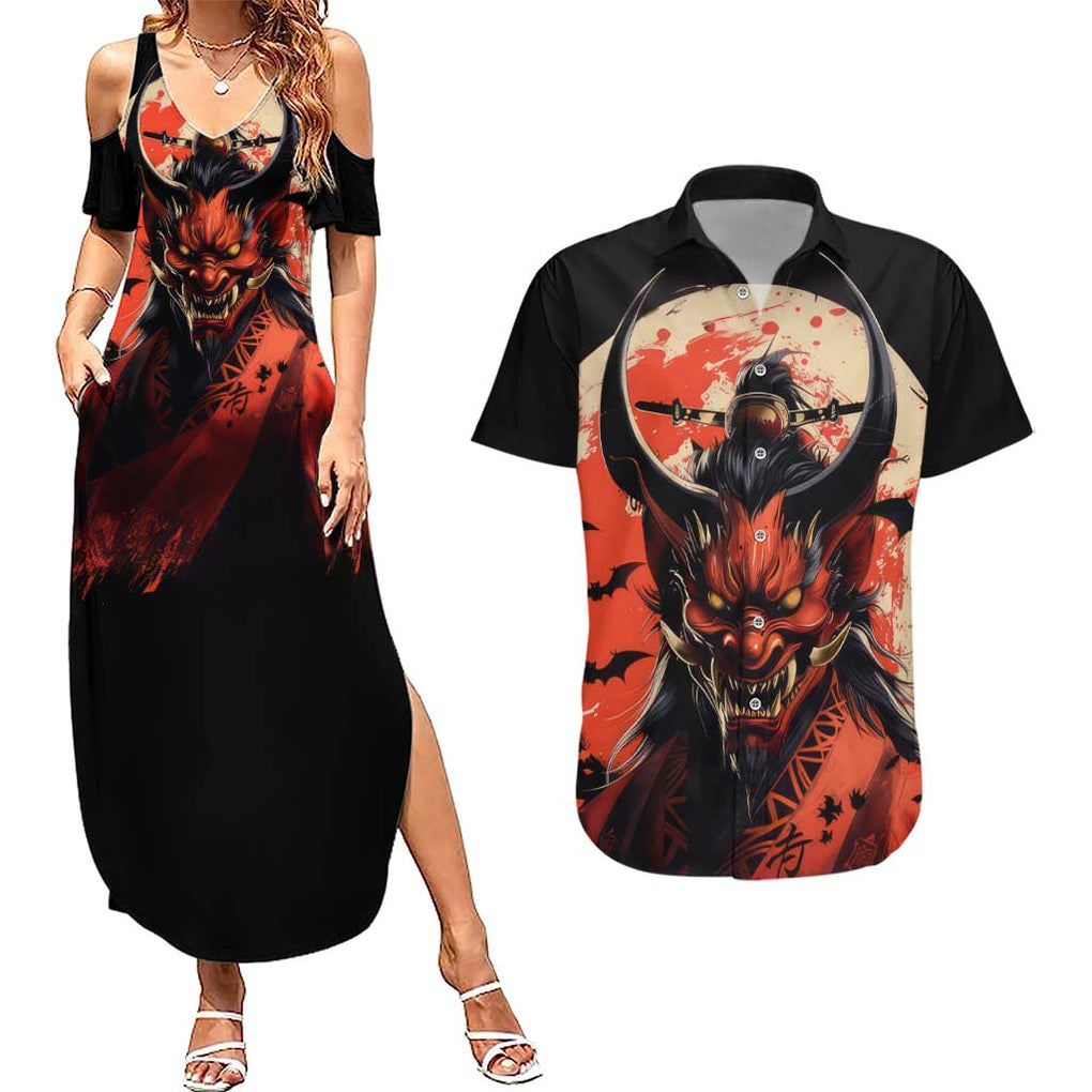 Oni Demon Couples Matching Summer Maxi Dress and Hawaiian Shirt Japan Art Style