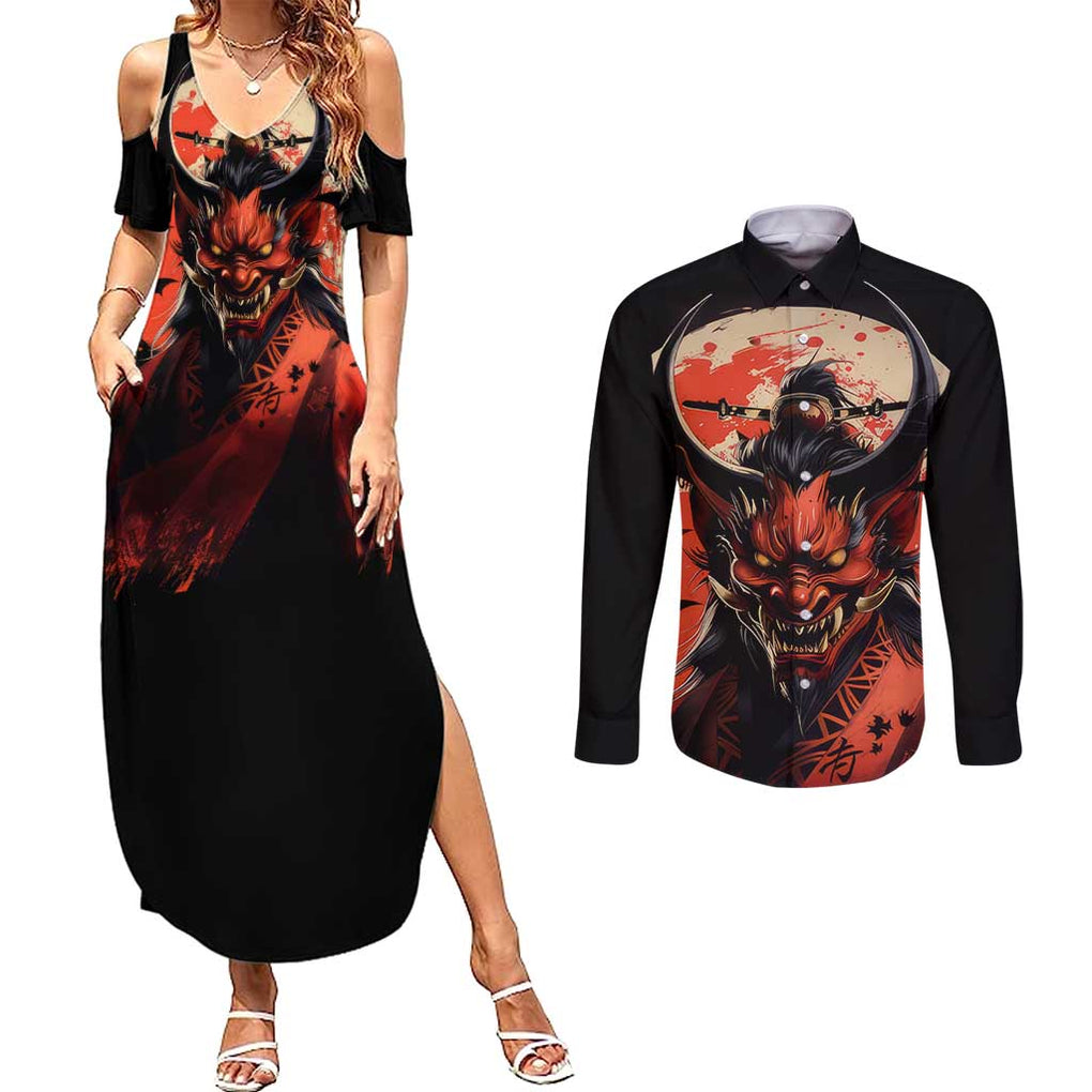 Oni Demon Couples Matching Summer Maxi Dress and Long Sleeve Button Shirt Japan Art Style