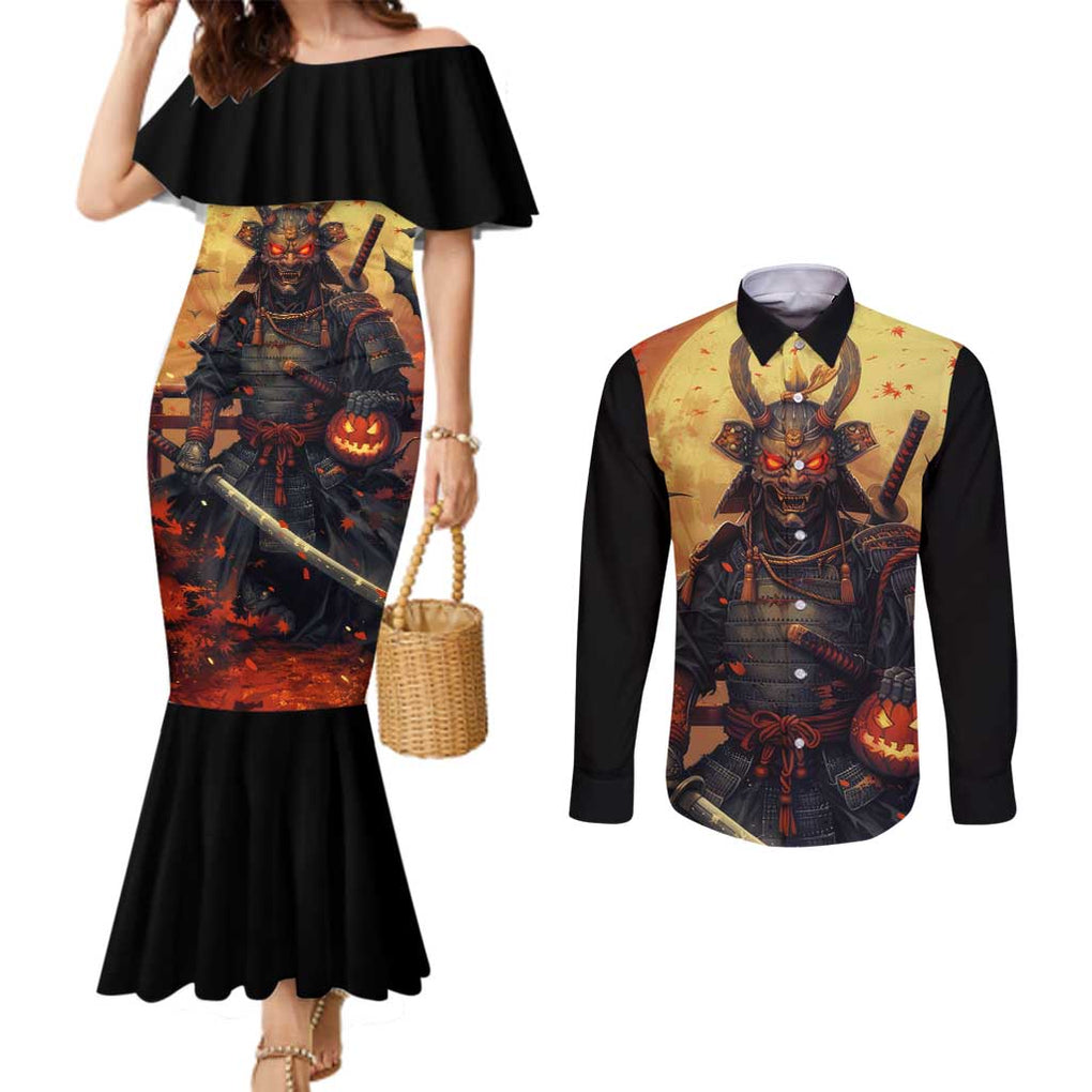 Samurai Halloween Couples Matching Mermaid Dress and Long Sleeve Button Shirt Japan Art Style