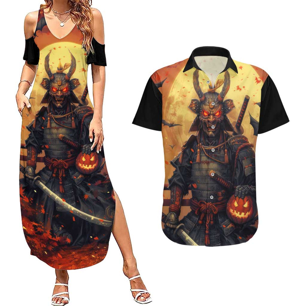 Samurai Halloween Couples Matching Summer Maxi Dress and Hawaiian Shirt Japan Art Style