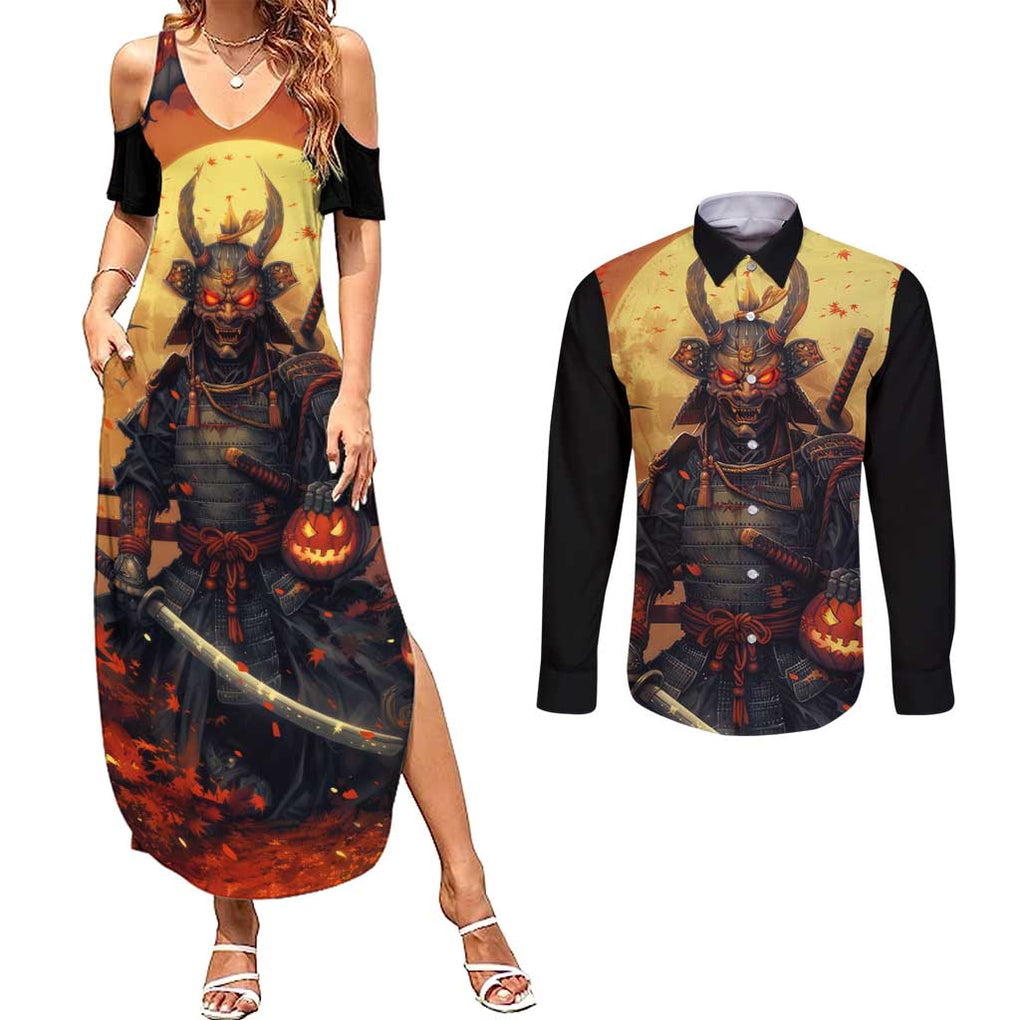 Samurai Halloween Couples Matching Summer Maxi Dress and Long Sleeve Button Shirt Japan Art Style