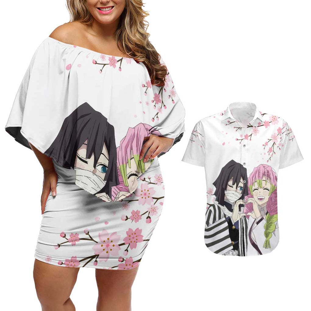 Mutsuri And Obanai - Demon Slayer Couples Matching Off Shoulder Short Dress and Hawaiian Shirt Anime Style