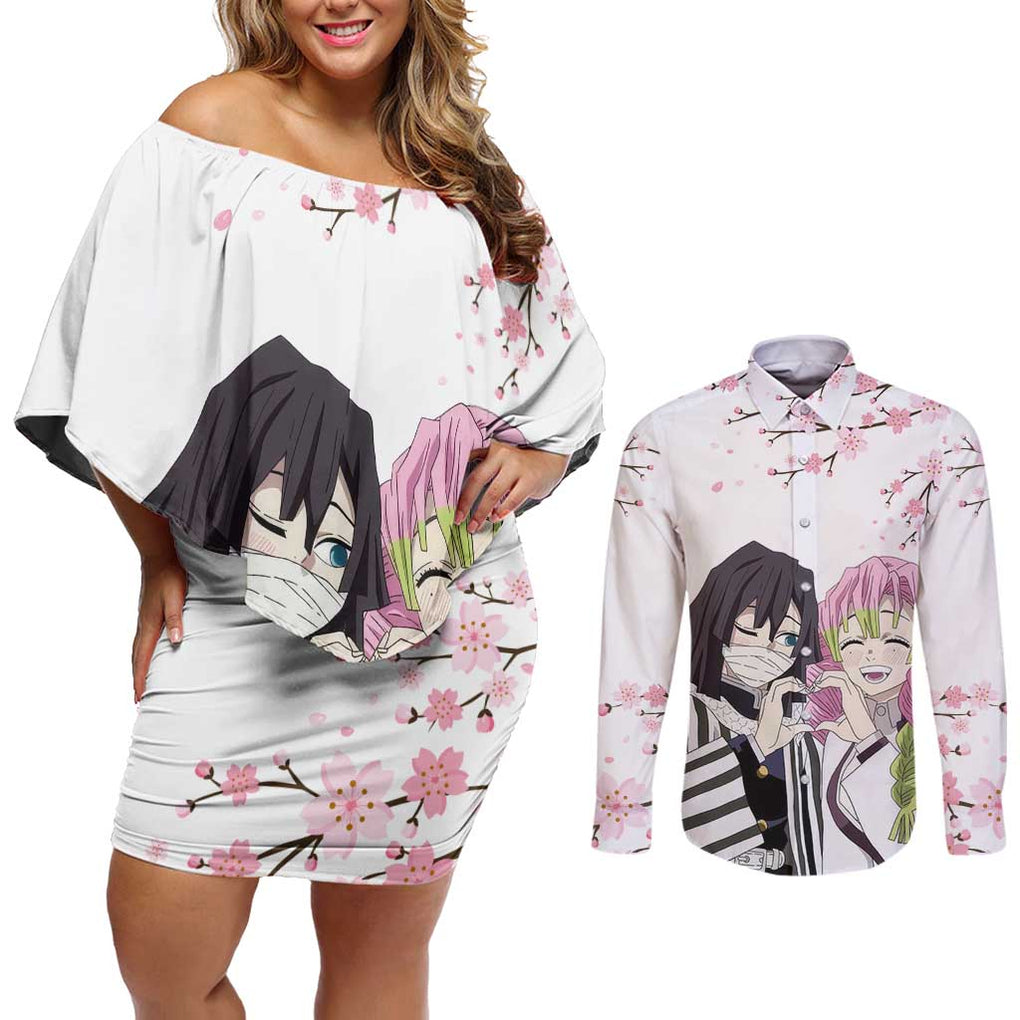 Mutsuri And Obanai - Demon Slayer Couples Matching Off Shoulder Short Dress and Long Sleeve Button Shirt Anime Style