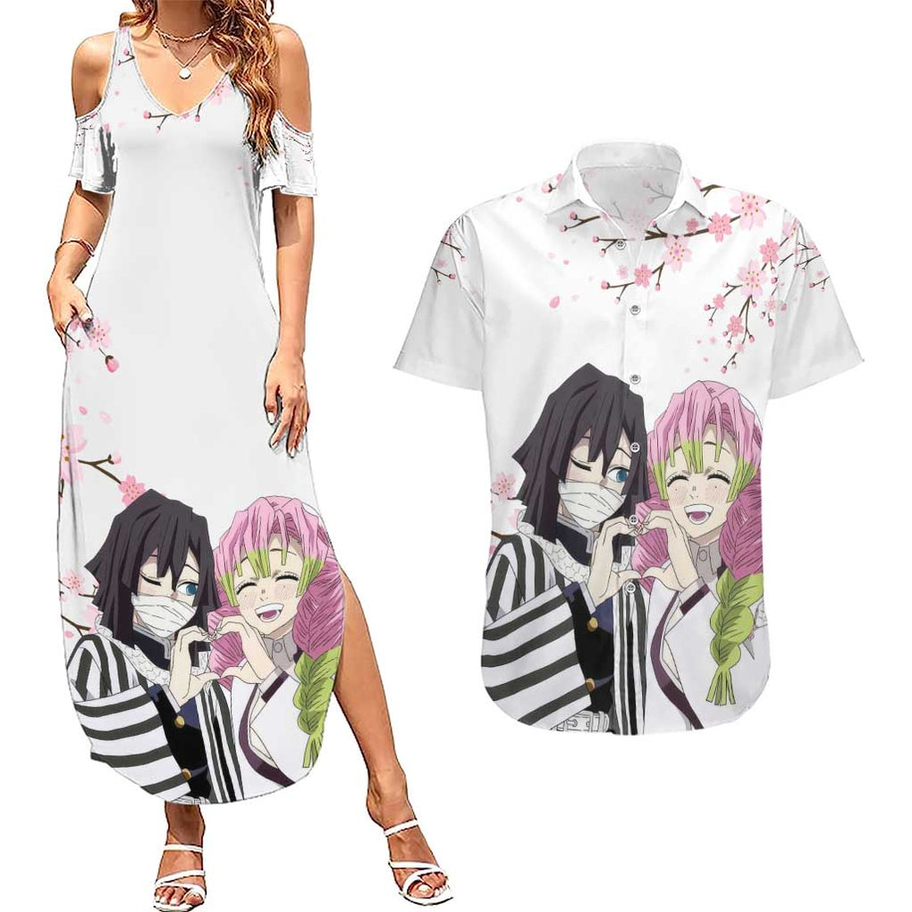 Mutsuri And Obanai - Demon Slayer Couples Matching Summer Maxi Dress and Hawaiian Shirt Anime Style