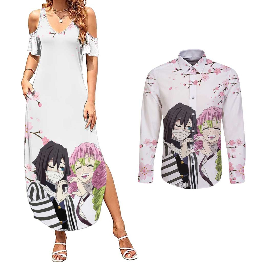 Mutsuri And Obanai - Demon Slayer Couples Matching Summer Maxi Dress and Long Sleeve Button Shirt Anime Style