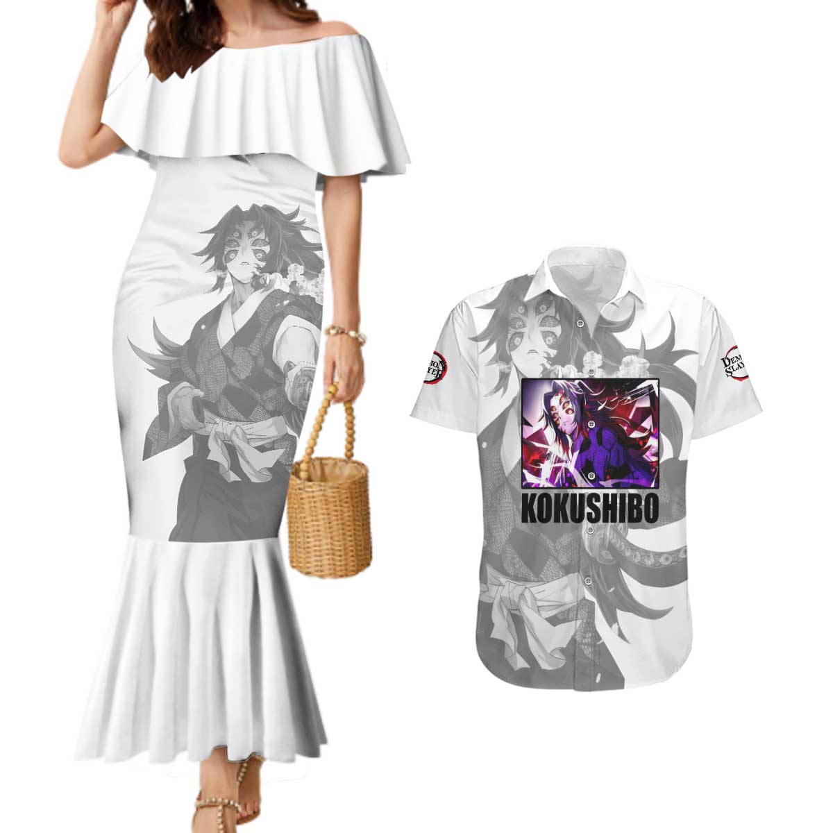 Kokushibo - Kimesu No Yaiba Couples Matching Mermaid Dress and Hawaiian Shirt Japan Anime Style TS04